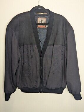 Vintage Torras Mens Black Embroidered Cardigan Size 54 Spain Cotton Leather